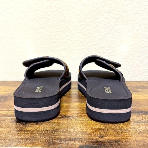 Michael Kors Womens Leopard Calf Hair Platform Slides Gold Logo Size 5 Resort - Picture 7 of 8